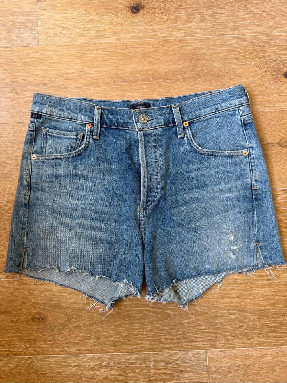 Citizens Of Humanity Marlow Easy Short Light Blue Distressed Denim Cutoff Shorts